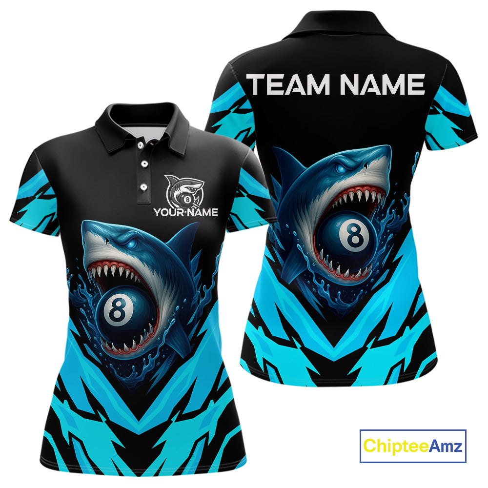 Personalized Blue 8 Ball Pool Billiard Shark Polo & 1/4 Zip For Women, Billiard Team Pool Jerseys TDM4013