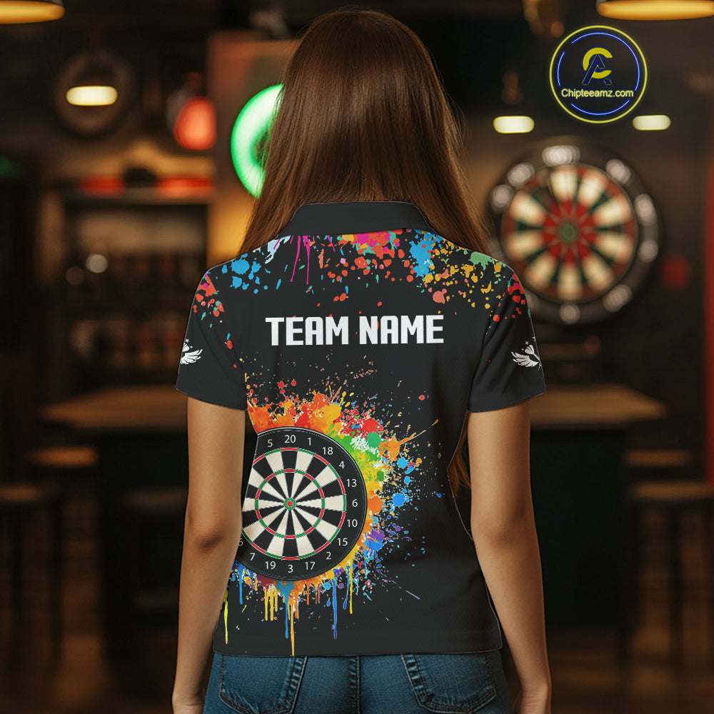 Funny Dartboard Colorful Paint Splash Custom Dart Shirts For Women, Darts Team Jerseys |Black TDM4016