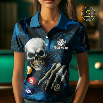 Personalized Blue Funny Skeleton Pool Balls Billiard Shirt For Women, Skull Billiard Team Jerseys TDM4368