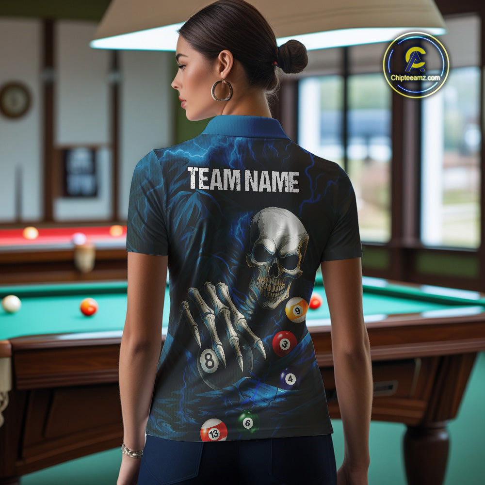 Personalized Blue Funny Skeleton Pool Balls Billiard Shirt For Women, Skull Billiard Team Jerseys TDM4368
