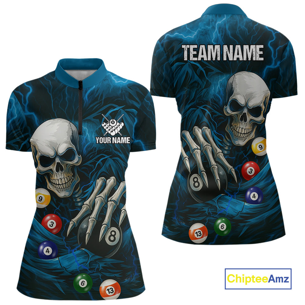 Personalized Blue Funny Skeleton Pool Balls Billiard Shirt For Women, Skull Billiard Team Jerseys TDM4368
