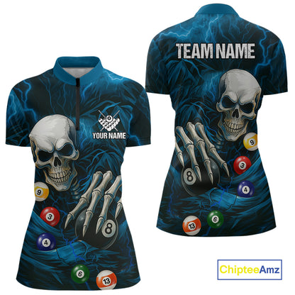Personalized Blue Funny Skeleton Pool Balls Billiard Shirt For Women, Skull Billiard Team Jerseys TDM4368
