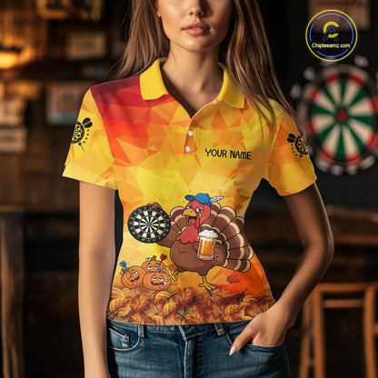 Orange And Yellow Funny Drunk Turkey Darts Shirts For Women Custom Thanksgiving Darts Team Jersey TDM7266