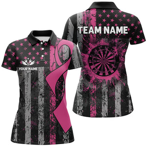 Custom Pink Ribbon Grunge American Flag Patriotic Darts Shirts For Women, Breast Cancer Darts Jerseys TDM2511