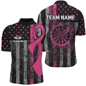 Custom Pink Ribbon Grunge American Flag Patriotic Darts Shirts For Men, Breast Cancer Darts Jerseys TDM2511