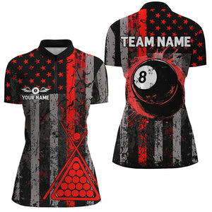 Custom Red Grunge US Flag Patriotic Billiard Shirts For Women, Retro 8 Ball Pool Billiard Team Jersey TDM2513