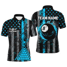 Load image into Gallery viewer, Custom Blue Grunge US Flag Patriotic Billiard Shirt For Men, Retro 8 Ball Pool Billiard Team Jersey TDM2514