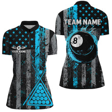 Load image into Gallery viewer, Custom Blue Grunge US Flag Patriotic Billiard Shirt For Women, Retro 8 Ball Pool Billiard Team Jersey TDM2514