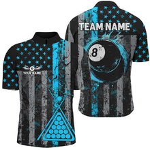 Load image into Gallery viewer, Custom Blue Grunge US Flag Patriotic Billiard Shirt For Men, Retro 8 Ball Pool Billiard Team Jersey TDM2514