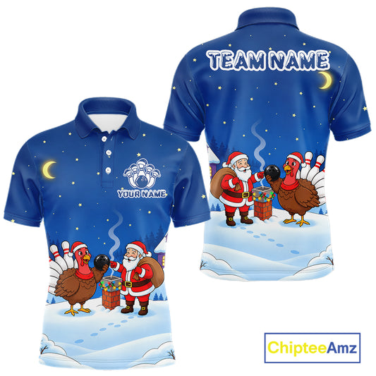 Funny Santa And Turkey Custom Bowling Shirt For Men, Christmas Bowling Team Jersey Bowling Gift TDM7550