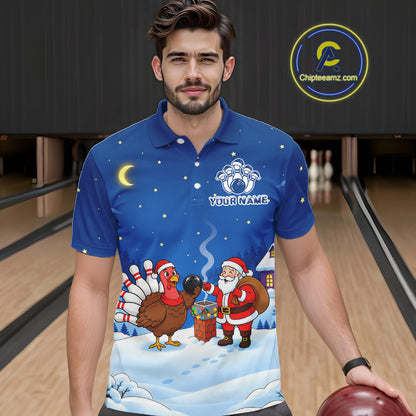 Funny Santa And Turkey Custom Bowling Shirt For Men, Christmas Bowling Team Jersey Bowling Gift TDM7550