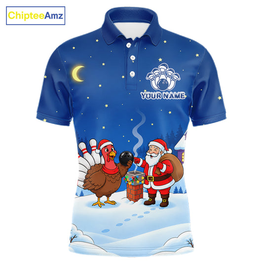 Funny Santa And Turkey Custom Bowling Shirt For Men, Christmas Bowling Team Jersey Bowling Gift TDM7550