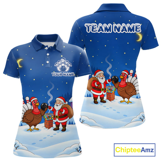 Funny Santa And Turkey Custom Bowling Shirt For Women, Christmas Bowling Team Jersey Bowling Gift TDM7550