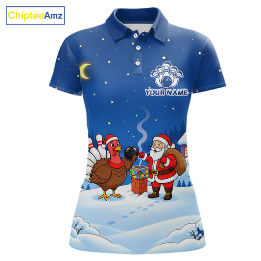 Funny Santa And Turkey Custom Bowling Shirt For Women, Christmas Bowling Team Jersey Bowling Gift TDM7550