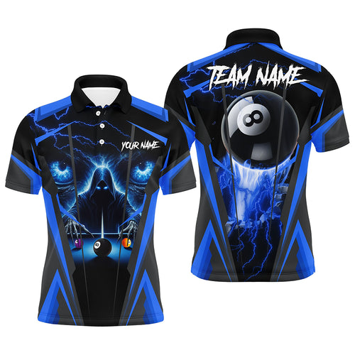 Blue Grim Reaper Billiard Shirts For Men Custom Funny 8 Ball Rushing Out Billiard League Jerseys TDM2766