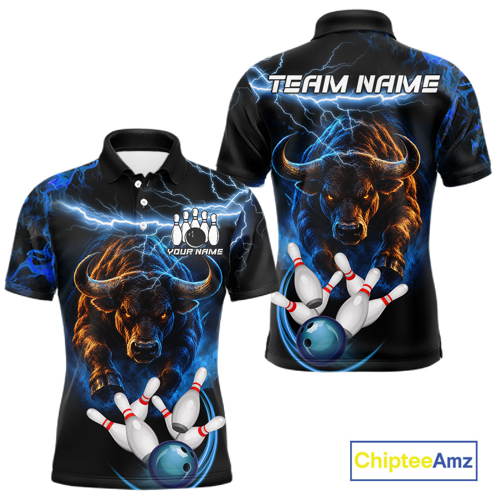 Blue Lightning Thunder Custom Bull Bowling Shirts For Men, Bowling Team Jersey Polo & 1/4 Zip TDM7912