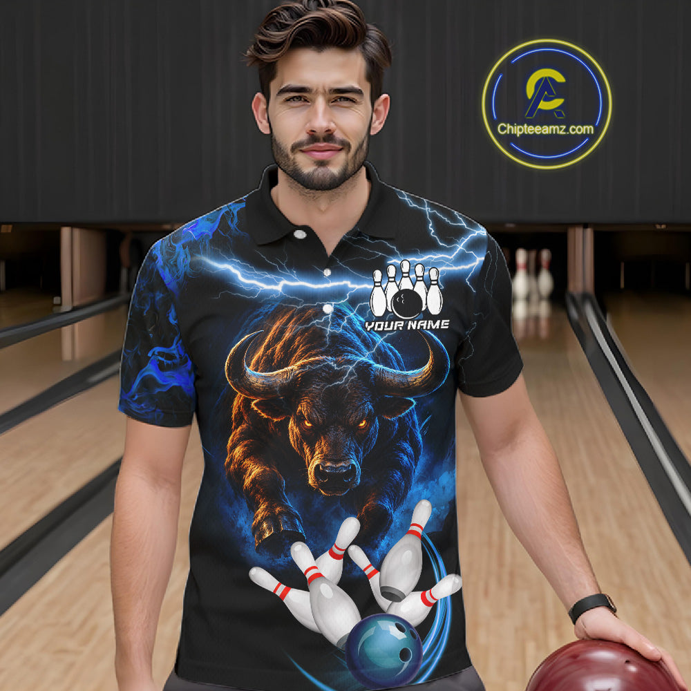 Blue Lightning Thunder Custom Bull Bowling Shirts For Men, Bowling Team Jersey Polo & 1/4 Zip TDM7912