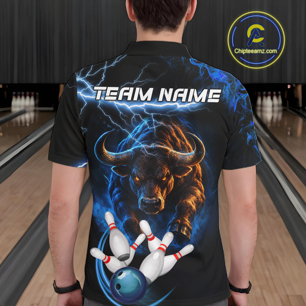 Blue Lightning Thunder Custom Bull Bowling Shirts For Men, Bowling Team Jersey Polo & 1/4 Zip TDM7912