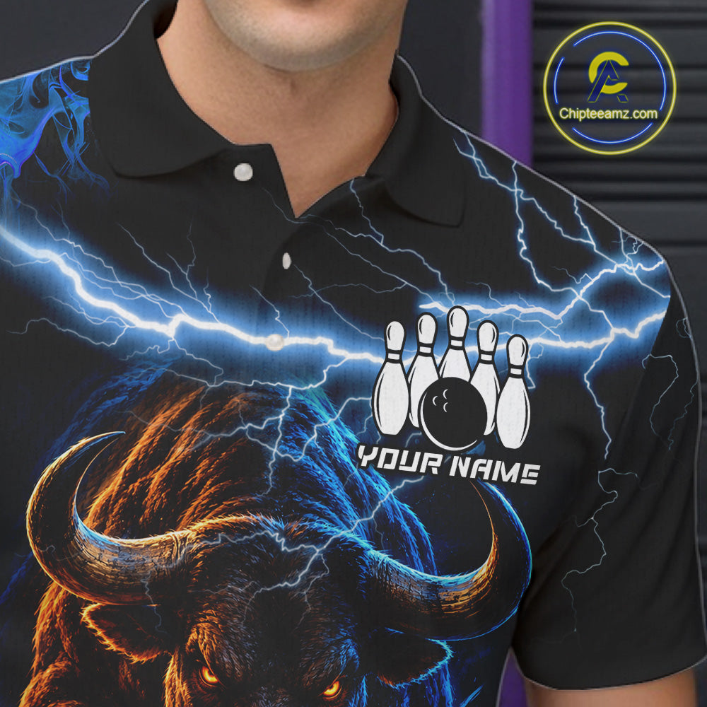 Blue Lightning Thunder Custom Bull Bowling Shirts For Men, Bowling Team Jersey Polo & 1/4 Zip TDM7912
