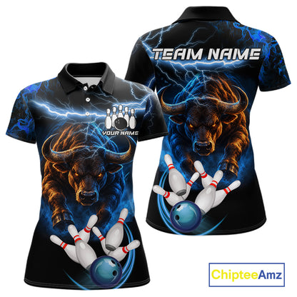 Blue Lightning Thunder Custom Bull Bowling Shirts For Women, Bowling Team Jersey Polo & 1/4 Zip TDM7912