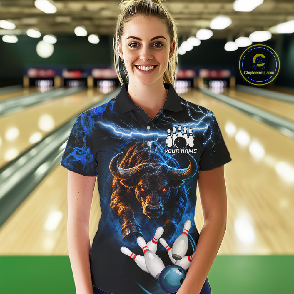 Blue Lightning Thunder Custom Bull Bowling Shirts For Women, Bowling Team Jersey Polo & 1/4 Zip TDM7912