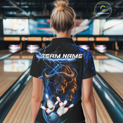 Blue Lightning Thunder Custom Bull Bowling Shirts For Women, Bowling Team Jersey Polo & 1/4 Zip TDM7912