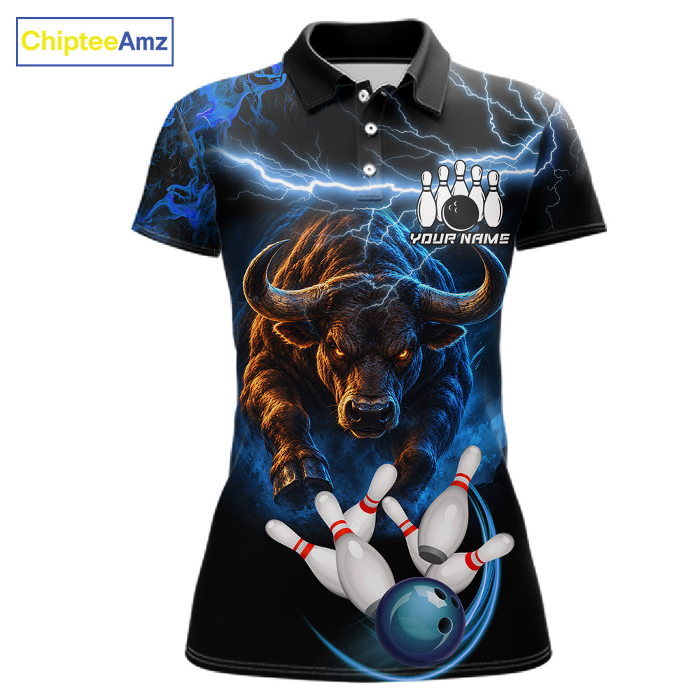 Blue Lightning Thunder Custom Bull Bowling Shirts For Women, Bowling Team Jersey Polo & 1/4 Zip TDM7912
