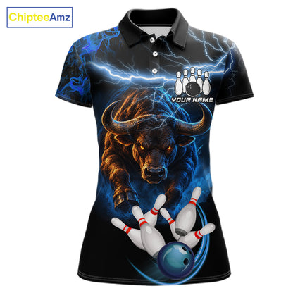 Blue Lightning Thunder Custom Bull Bowling Shirts For Women, Bowling Team Jersey Polo & 1/4 Zip TDM7912