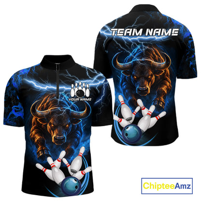 Blue Lightning Thunder Custom Bull Bowling Shirts For Men, Bowling Team Jersey Polo & 1/4 Zip TDM7912