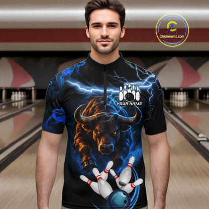 Blue Lightning Thunder Custom Bull Bowling Shirts For Men, Bowling Team Jersey Polo & 1/4 Zip TDM7912