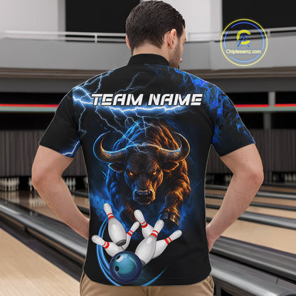 Blue Lightning Thunder Custom Bull Bowling Shirts For Men, Bowling Team Jersey Polo & 1/4 Zip TDM7912