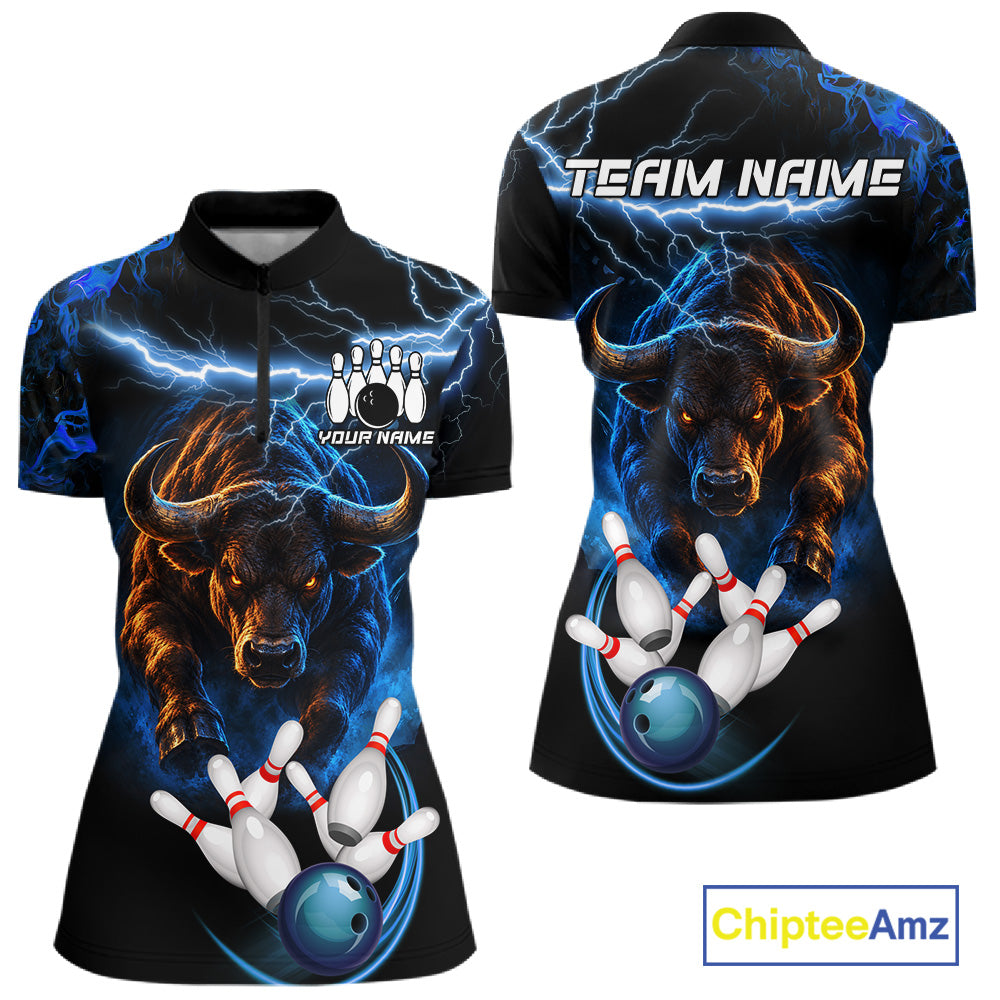 Blue Lightning Thunder Custom Bull Bowling Shirts For Women, Bowling Team Jersey Polo & 1/4 Zip TDM7912