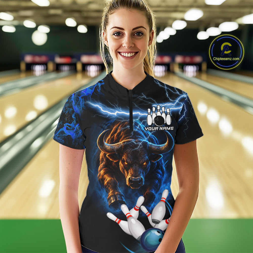 Blue Lightning Thunder Custom Bull Bowling Shirts For Women, Bowling Team Jersey Polo & 1/4 Zip TDM7912