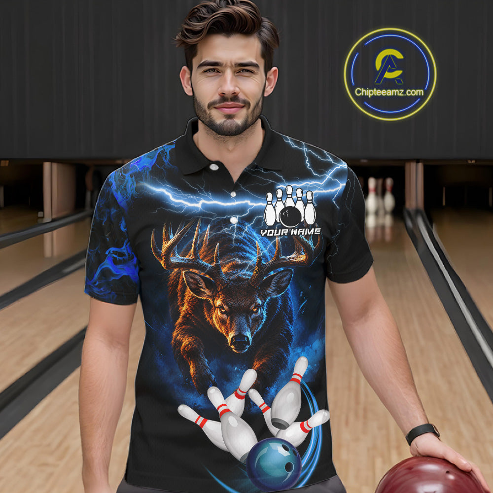 Personalized Blue Lightning Thunder Deer Bowling Shirts For Men Custom Bowling League Team Jersey TDM7913