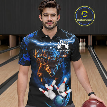 Personalized Blue Lightning Thunder Deer Bowling Shirts For Men Custom Bowling League Team Jersey TDM7913