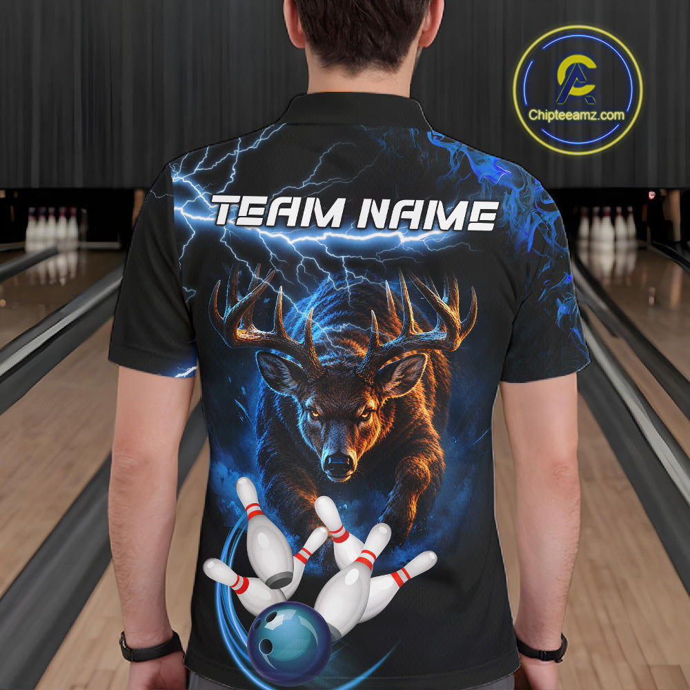 Personalized Blue Lightning Thunder Deer Bowling Shirts For Men Custom Bowling League Team Jersey TDM7913