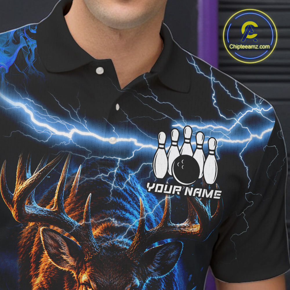 Personalized Blue Lightning Thunder Deer Bowling Shirts For Men Custom Bowling League Team Jersey TDM7913
