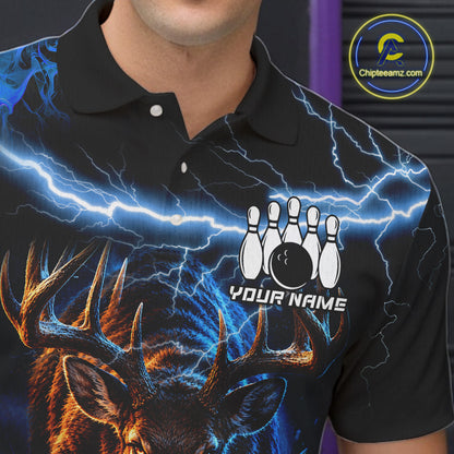Personalized Blue Lightning Thunder Deer Bowling Shirts For Men Custom Bowling League Team Jersey TDM7913