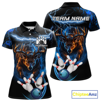 Personalized Blue Lightning Thunder Deer Bowling Shirts For Women Custom Bowling League Team Jersey TDM7913