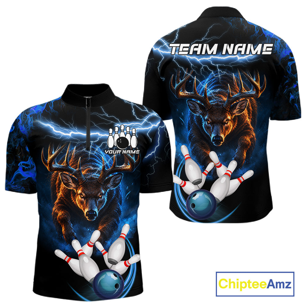 Personalized Blue Lightning Thunder Deer Bowling Shirts For Men Custom Bowling League Team Jersey TDM7913