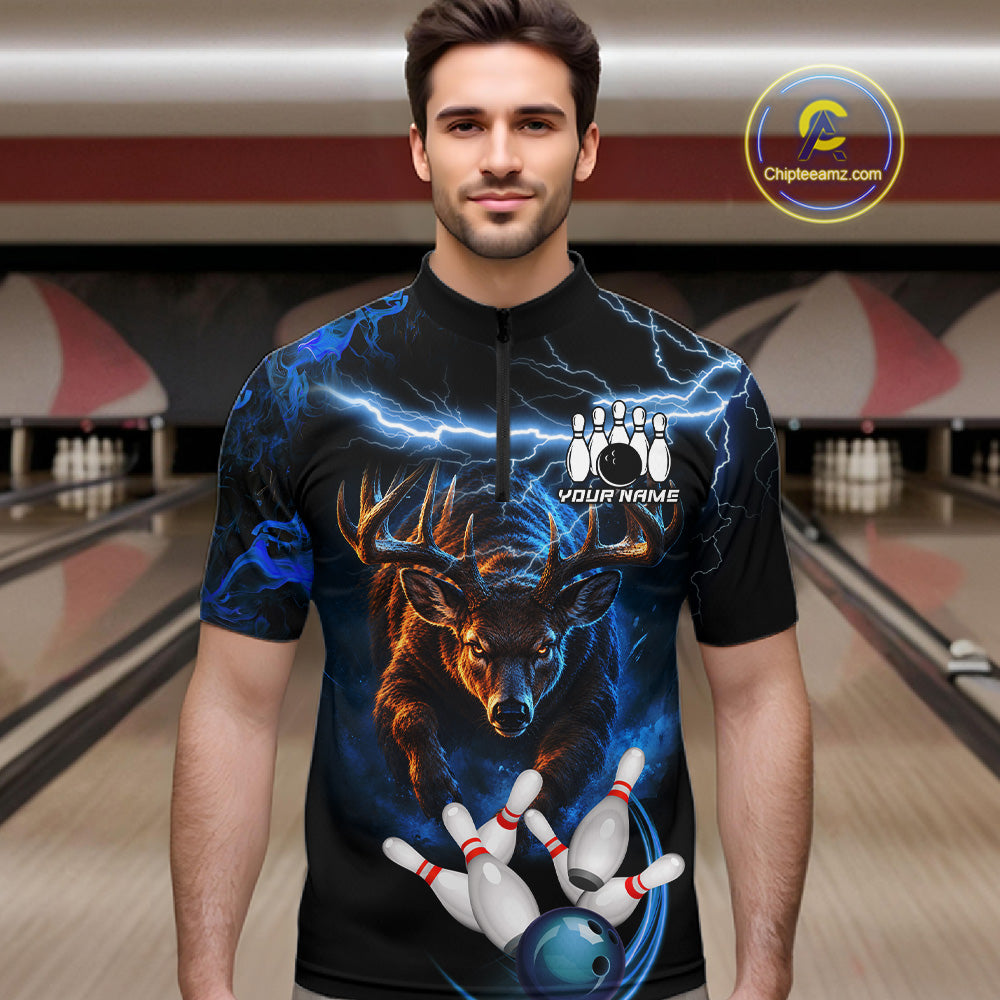 Personalized Blue Lightning Thunder Deer Bowling Shirts For Men Custom Bowling League Team Jersey TDM7913