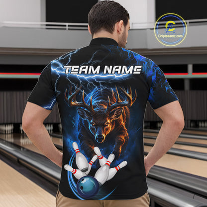 Personalized Blue Lightning Thunder Deer Bowling Shirts For Men Custom Bowling League Team Jersey TDM7913