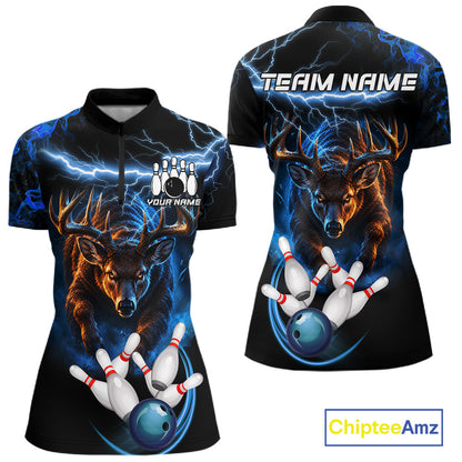 Personalized Blue Lightning Thunder Deer Bowling Shirts For Women Custom Bowling League Team Jersey TDM7913