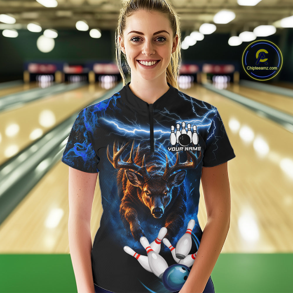 Personalized Blue Lightning Thunder Deer Bowling Shirts For Women Custom Bowling League Team Jersey TDM7913