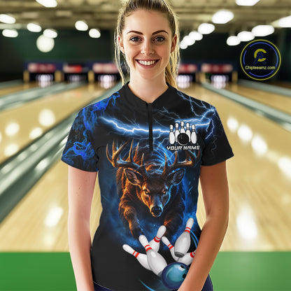 Personalized Blue Lightning Thunder Deer Bowling Shirts For Women Custom Bowling League Team Jersey TDM7913