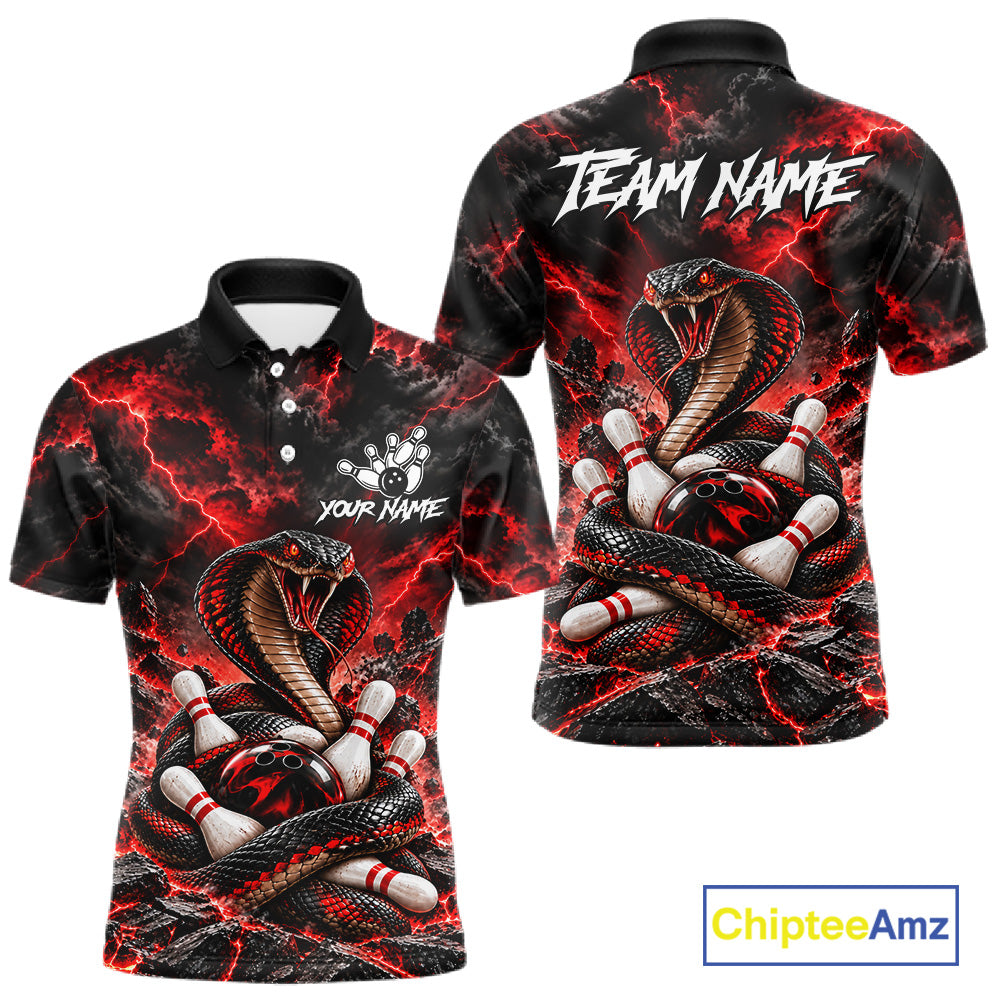 Black And Red Custom Cobra Lightning Bowling Shirts For Men, Bowling Team Jersey Polo & 1/4 Zip TDM7916