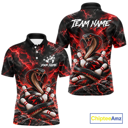 Black And Red Custom Cobra Lightning Bowling Shirts For Men, Bowling Team Jersey Polo & 1/4 Zip TDM7916