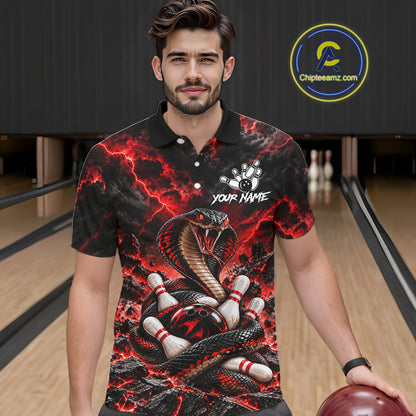 Black And Red Custom Cobra Lightning Bowling Shirts For Men, Bowling Team Jersey Polo & 1/4 Zip TDM7916
