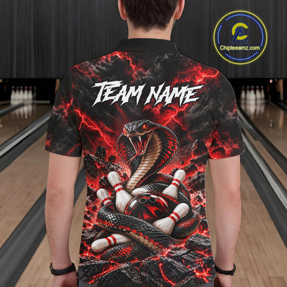 Black And Red Custom Cobra Lightning Bowling Shirts For Men, Bowling Team Jersey Polo & 1/4 Zip TDM7916