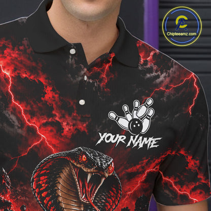 Black And Red Custom Cobra Lightning Bowling Shirts For Men, Bowling Team Jersey Polo & 1/4 Zip TDM7916